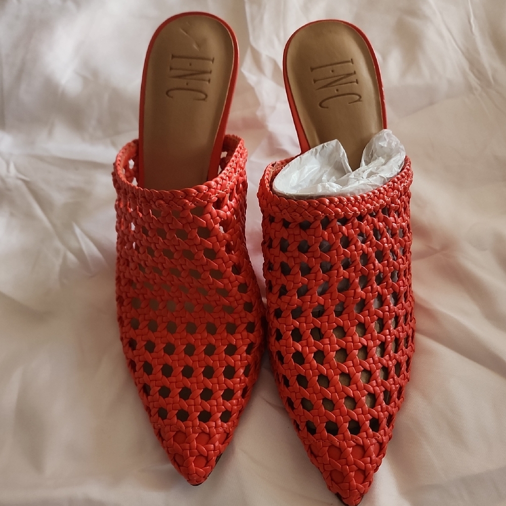 INC International Concepts Women's Vibrant Red Woven Mules